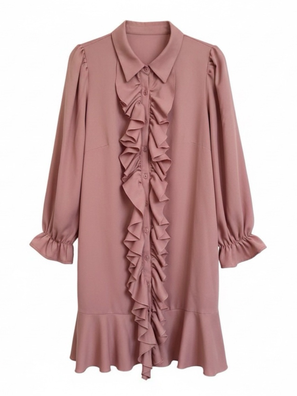 Ruffle-Front Long Sleeve Dress - Dusty Rose